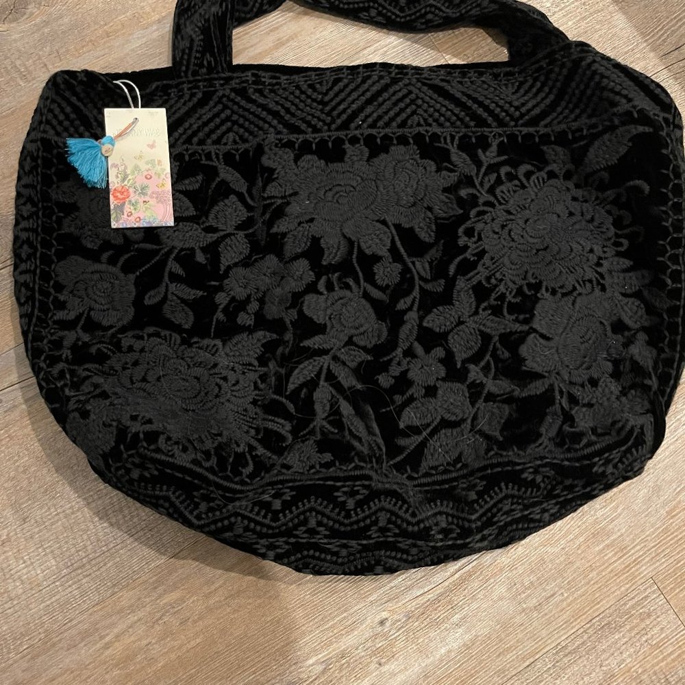 Johnny Was black embroidered velvet tote bag